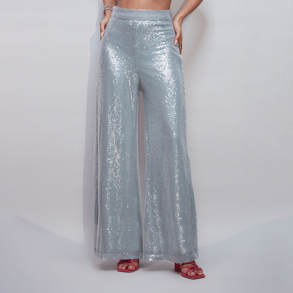 Buy YHYJMY Womens Casual Sparkle Sequin Glitter Bling Loose Elastic High  Waist Shiny Wide Leg Flare Palazzo Pants (K005-Champagne-XXL) at Amazon.in